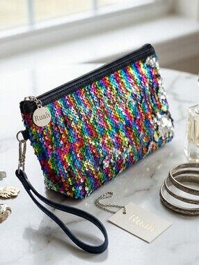 RIAH Fashion Rainbow Multi Colored Sequin Silver Transition Makeup Wristlet Bag